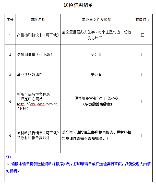 安全繩產(chǎn)品認證型式試驗業(yè)務受理送檢資料清單（廣東所）